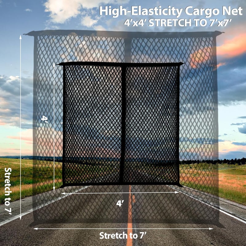 Isvo Cargo Net for Pickup Truck Bed, Trucks Cargo Net Mesh Organizer, 4'x4' Stretch to 7'x7' Highly Elastic Truck Bed Net for Camping, Trip Luggage, Compatible with Trailer, Ford, Chevrolet, Dodge - Image 3